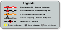 Legende: Hauptstrecke DB - Bahnhof Haltepunkt Nebenstrecke DB - Bahnhof Haltepunkt Privatbahn - Bahnhof Haltepunkt Zeche stillgelegt Zeche in Betrieb Strecke stillgelegt - Bahnhof Haltepunkt  Station vorhanden Güterstrecke - Bahnhof