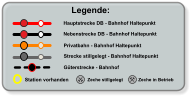 Legende: Hauptstrecke DB - Bahnhof Haltepunkt Nebenstrecke DB - Bahnhof Haltepunkt Privatbahn - Bahnhof Haltepunkt Zeche stillgelegt Zeche in Betrieb Strecke stillgelegt - Bahnhof Haltepunkt  Station vorhanden Güterstrecke - Bahnhof