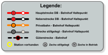 Legende: Hauptstrecke DB - Bahnhof Haltepunkt Nebenstrecke DB - Bahnhof Haltepunkt Privatbahn - Bahnhof Haltepunkt Zeche stillgelegt Zeche in Betrieb Strecke stillgelegt - Bahnhof Haltepunkt  Station vorhanden Güterstrecke - Bahnhof