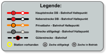 Legende: Hauptstrecke DB - Bahnhof Haltepunkt Nebenstrecke DB - Bahnhof Haltepunkt Privatbahn - Bahnhof Haltepunkt Zeche stillgelegt Zeche in Betrieb Strecke stillgelegt - Bahnhof Haltepunkt  Station vorhanden Güterstrecke - Bahnhof