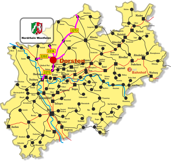 Unna-Königsborn Letmathe Iserlohn Castrop- Rauxel Unna Himmighausen Rheydt Remscheid Bergisch Gladbach Bocholt Borken Dorsten Wesel Xanten Mönchengladbach Kleve Viersen Emmerich Münster Warburg Altenbeken Paderborn Lippstadt Soest Siegburg Aachen Haan Ratingen Bonn Minden Herford Bielefeld Gütersloh Hamm Dortmund Duisburg Essen Mülheim Oberhausen Bochum Hagen Wuppertal Solingen Düsseldorf Köln Gronau Lünen Bottrop Gladbeck West Herne Reckling- hausen Kaldenkirchen Neuss Krefeld Grevenbroich Horrem Düren Kall Hellenthal Heimbach Linnich Euskirchen Bad Münstereifel Au Marienheide Lüdenscheid Fröndenberg Rüthen Warstein Ibbenbüren Lippborg- Heintrop Neubeckum Ennigerloh Neuenrade Sundern Neheim- Hüsten Finnentrop Olpe Schwerte Hövelhof Wanne-Eickel Meschede Winterberg Brilon Stadt Brilon Wald Siegen Kreuztal Waldbröhl Osberghausen Betzdorf Daaden Erndtbrück Troisdorf Bad Berleburg Ottbergen Dülmen Coesfeld Löhne Lage Lemgo Brackwede Rheda- Wiedenbrück Bad Rothenfelde Bünde Lengerich Rheine Rahden Hattingen Velbert Rösrath 2236 2273 2202 2273 Nordrhein Westfalen Dorsten